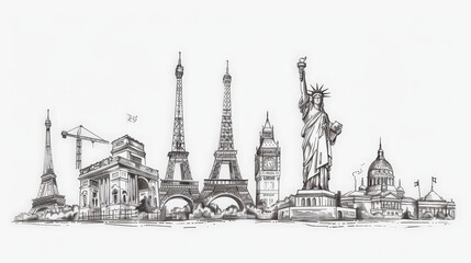 Fototapeta premium line drawing of famous world landmarks