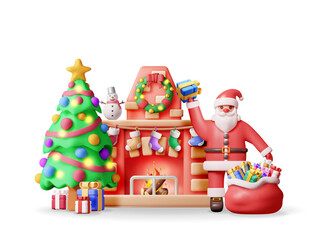 3D red brick new year fireplace and santa claus. Render christmas decorated fireplace with socks, tree, gifts. Happy new year. Christmas holiday. New year and xmas celebration. Vector illustration