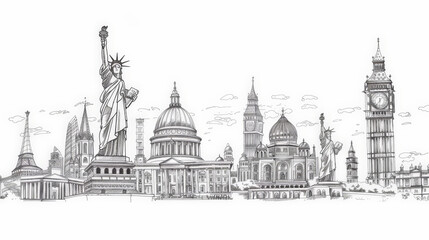 Obraz premium line drawing of famous world landmarks
