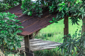 Naklejka premium Nature Wallpaper (Mountains, Green Fields, Roadside Accommodation, Twilight Sky) The beauty of nature while traveling, with the wind blowing through the blurred leaves.