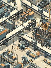 Isometric of an Efficient Production Line with Technical Precision and Muted Earthy Tones
