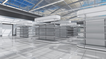 Sales area mockup with shelving and transparent roof overlooking the blue sky with clouds. 3d illustration