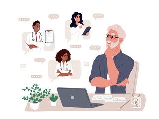 Elderly patient having online consultations with medical specialists. Online medical services. Medical insurance, hospital services, sick leave certificate treatment diagnosis patients.