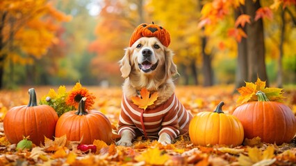 Playful dog in a Halloween costume with pumpkins and fall leaves, cute Halloween puppy