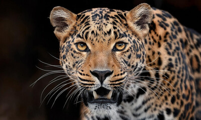 Obraz premium Close-up of a leopard's bared face, aggressive eyes, dark background