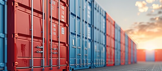 Fototapeta premium A row of shipping containers at a port. The containers are various colors, including red and blue.