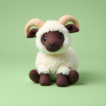 Un muy tierno carnero de peluche, en frente de un fondo verde