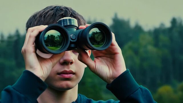 Happy smiling boy looking through binoculars at animals, birds in forest. Young guy studying environment. Optical magnification. Man exploring woodland. Nature observation. New discovery. Tourist kid.