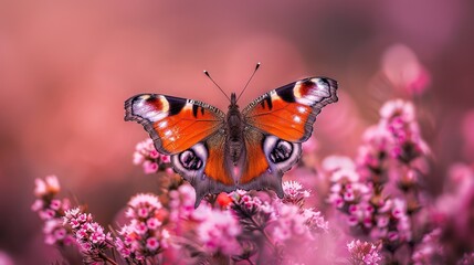 Obraz premium Butterfly on plant with pink flowers, close-up, blurred background