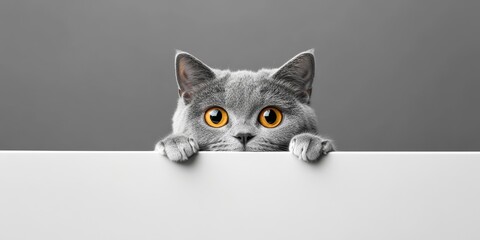 A curious gray cat peeks over a white surface, showcasing its expressive eyes. This playful felines lovable nature irresistibly draws everyone in, making it a delightful companion
