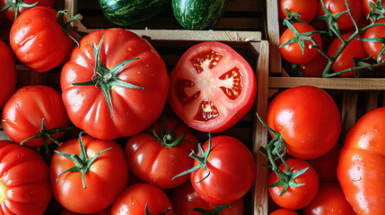   A pile of tomatoes and cucumbers in wooden boxes with green stickers