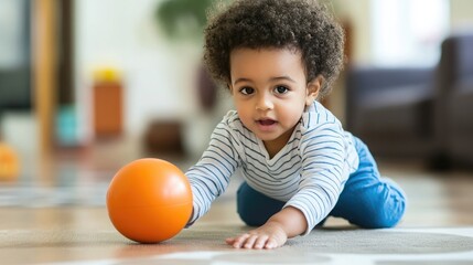 Toddler rolling a ball back and forth, highlighting gross motor skills and cooperative behavior