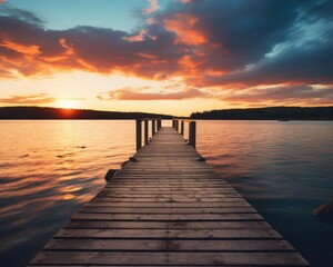 Fototapeta premium A serene wooden pier extends into a tranquil lake at sunset, surrounded by colorful clouds.