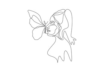 Butterfly on face vector continuous single line drawing, one line drawing of butterfly kiss on women face.