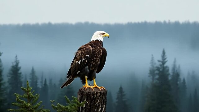 Majestic bald eagle perches in a misty forest, exuding power and freedom. Its piercing eyes and impressive talons highlight the importance of conservation for this endangered species
