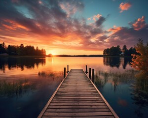 A serene lakeside view at sunset, featuring a wooden dock and vibrant sky reflections.