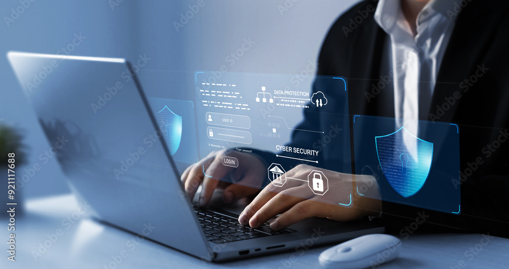 Poster protecting herself from cyber attacks and personal data.portection data access.cyber security protec