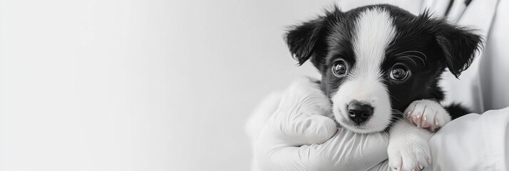 A caring veterinarian is gently holding a cute puppy, providing it with a thorough checkup to ensure its health and wellbeing, showcasing the importance of regular veterinary care for pets
