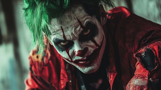 man with green hair and clown makeup in red jacket, ominous atmosphere, jocker