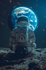 Obraz premium Captivating View of Astronaut in Space Suit Admiring Earth from Moon�s Surface | Hyper Realistic Cinematic Photo with Copy Space Shot on Sony A7Rv