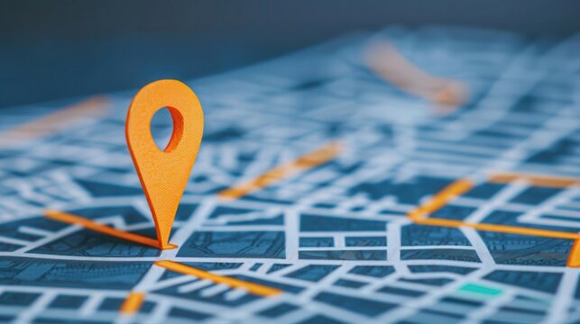 Close-up of a map with an orange location marker, representing navigation, travel planning, and geographical location pinpointing.