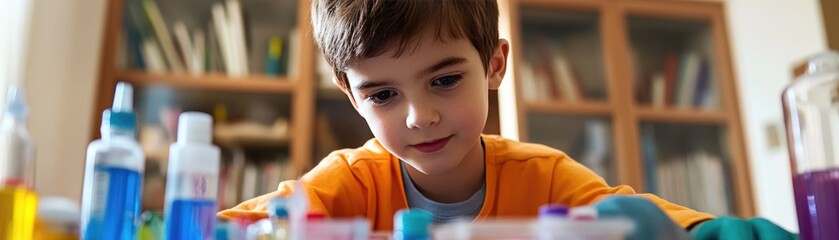 Boy cleaning and organizing his science project supplies, child, chores, organization