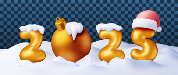 3d gold balloon 2025 new year symbol in snow Isolated. Render golden 2025 number holiday party decoration. Metallic ballon shiny font. New year and xmas celebration. Realistic vector illustration