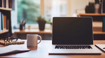 Fototapeta premium Laptop and Coffee on Desk: A minimalist workspace with a laptop, coffee mug, and notebook, ready for productivity. The open window provides a soft, natural light for a warm and inviting atmosphere. 