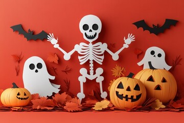 Obraz premium Stylish Paper Art Dancing Skeleton with Pumpkin and Ghost