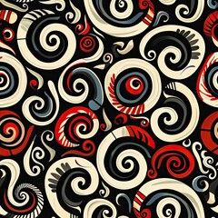 Fototapeta premium Abstract Swirling Pattern with Red, White, and Black Motifs