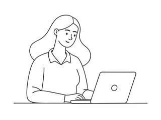 continuous single line drawing of woman using laptop computer, line art vector illustration
