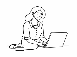 continuous single line drawing of woman using laptop computer, line art vector illustration
