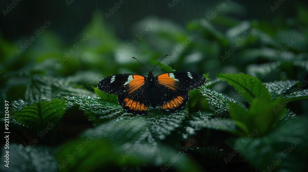 Poster   An orange-and-black butterfly is perched on a lush green plant, droplets on its wings