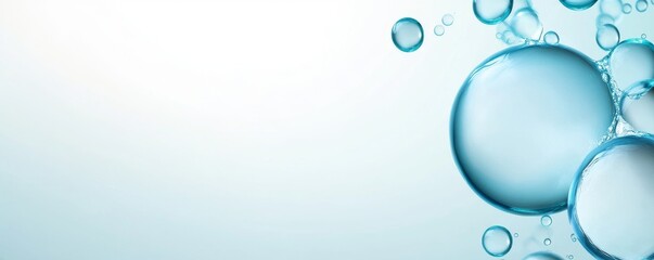 Water bubbles, air balls, and ice cubes in close-up on a light blue background