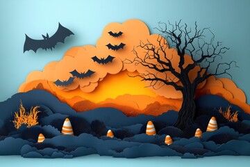 Abstract Halloween Paper Art with Candy Corn, Bats, and Haunted Tree