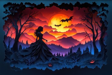Modern Paper Art Vampire with Bat and Halloween Border Design
