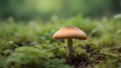 A tiny mushroom surrounded by greenery in the center of the field