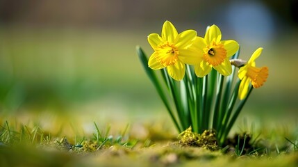 Fototapeta premium A yellow daffodil cluster blooms amidst emerald grass, field centerpiece