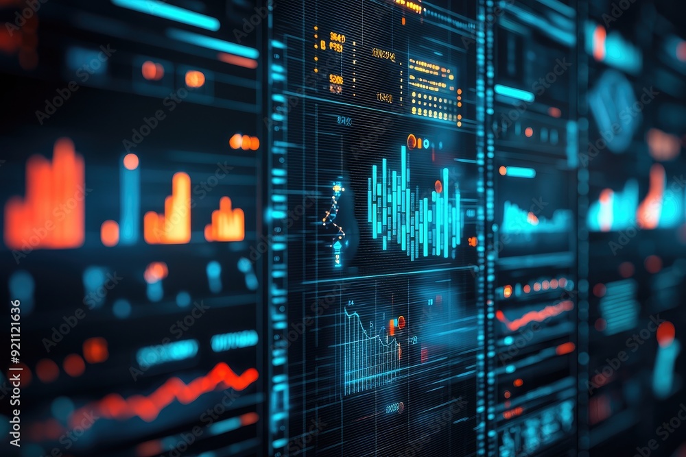 Poster futuristic digital display showing vibrant data analysis and financial charts in a modern, high-tech