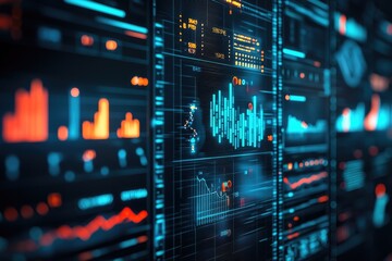 Futuristic digital display showing vibrant data analysis and financial charts in a modern, high-tech interface.
