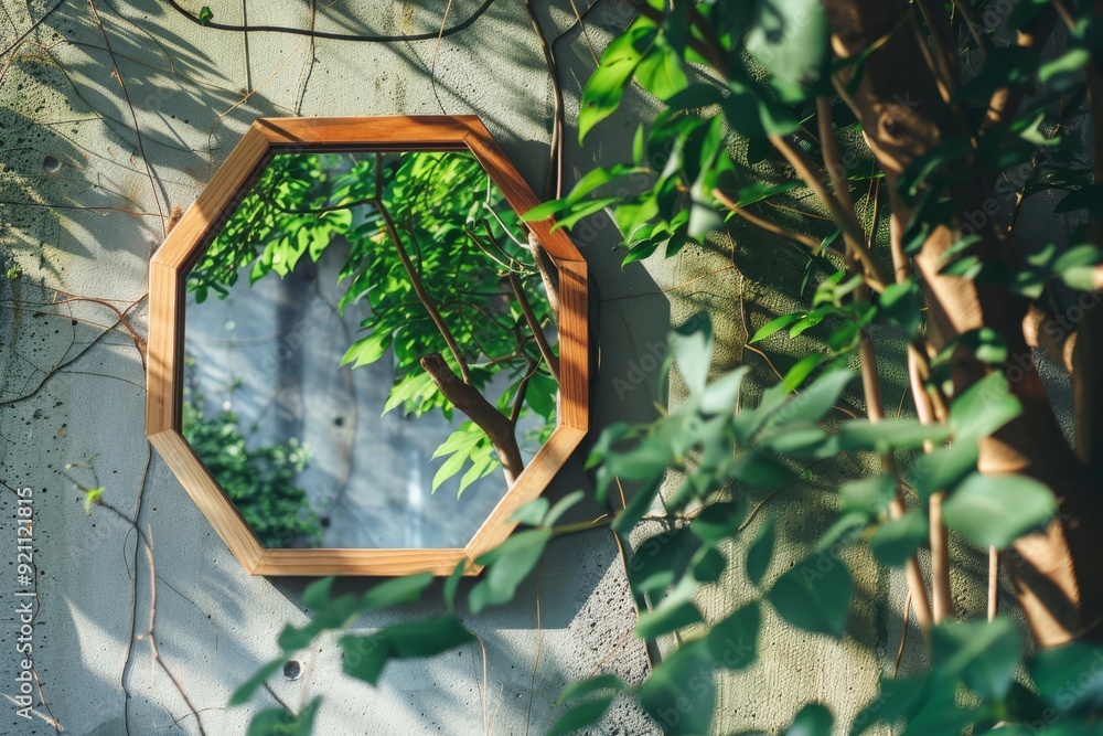 Poster a hexagon-shaped window allowing light to filter into the room, framed by elegant architectural deta