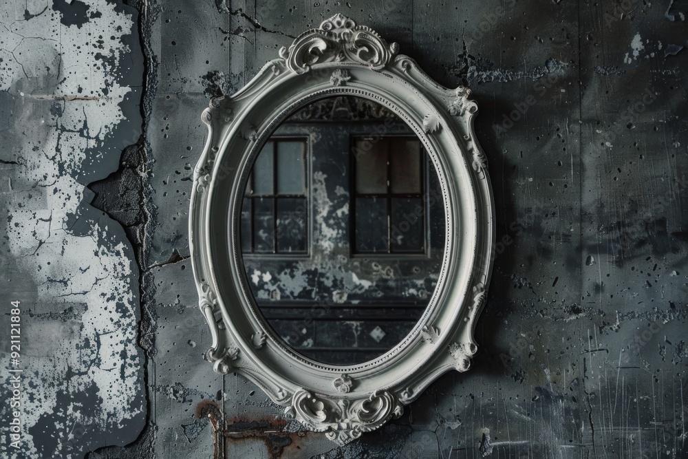 Poster a hexagon-shaped window allowing light to filter into the room, framed by elegant architectural deta