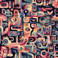 Abstract Geometric Pattern with Eyes and Shapes
