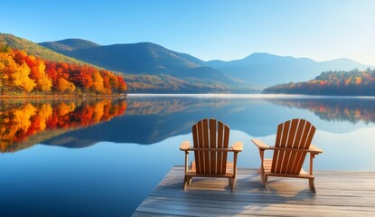 Two wooden chairs on a lake dock with a mountainous background