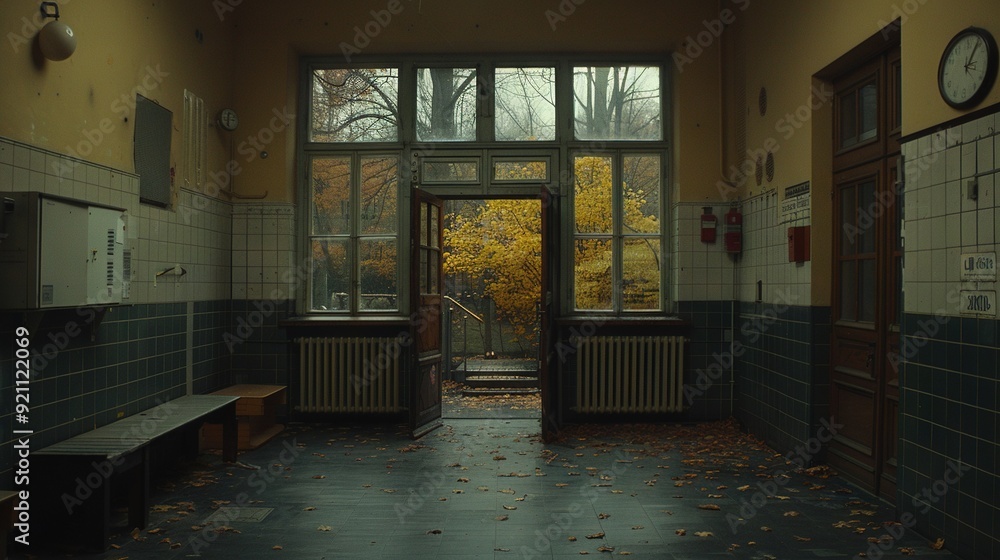 Poster a hall adorned with a wall clock and bench facing a window filled with fallen autumn foliage