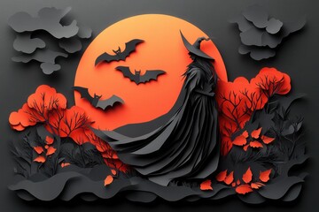 Modern Paper Art Vampire with Bat and Halloween Border Design
