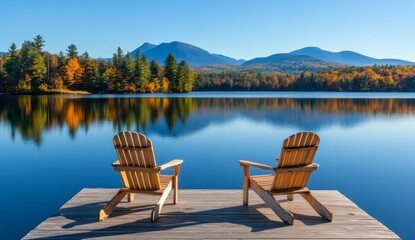 Obraz premium Two wooden chairs on a lake dock with a mountainous background