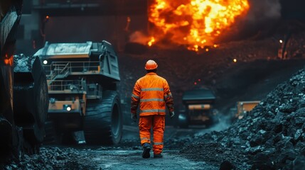 Worker Walks Toward a Fire at an Industrial Site