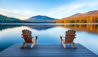 Two wooden chairs on a lake dock with a mountainous background