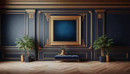 A luxurious art museum with silk navy velvet wallpaper. There is a gold frame square art frame on the wall. Generative AI.